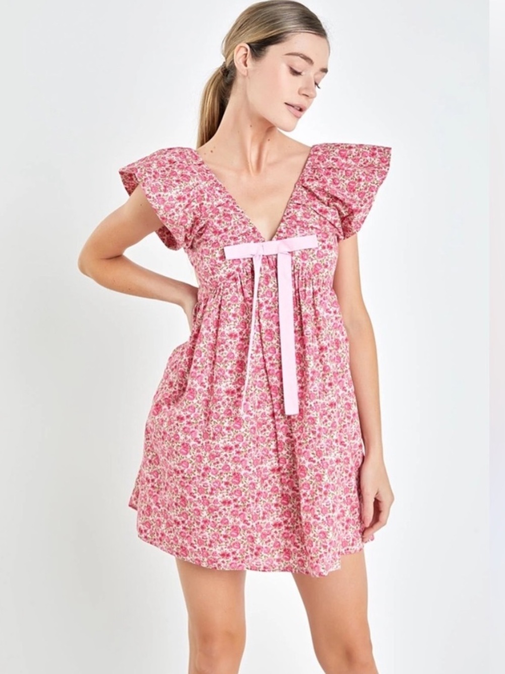 Tuckernuck Endless Rose Pink Floral Flutter Sleeve Bow Dress New Size Medium